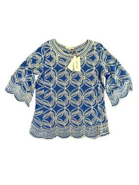 Solitaire Embroidered Boho Blouse Blue White Bell Sleeve Scalloped Hem